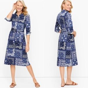 Talbots weekend shirt dress blue bandana print long sleeve midi length size 18
